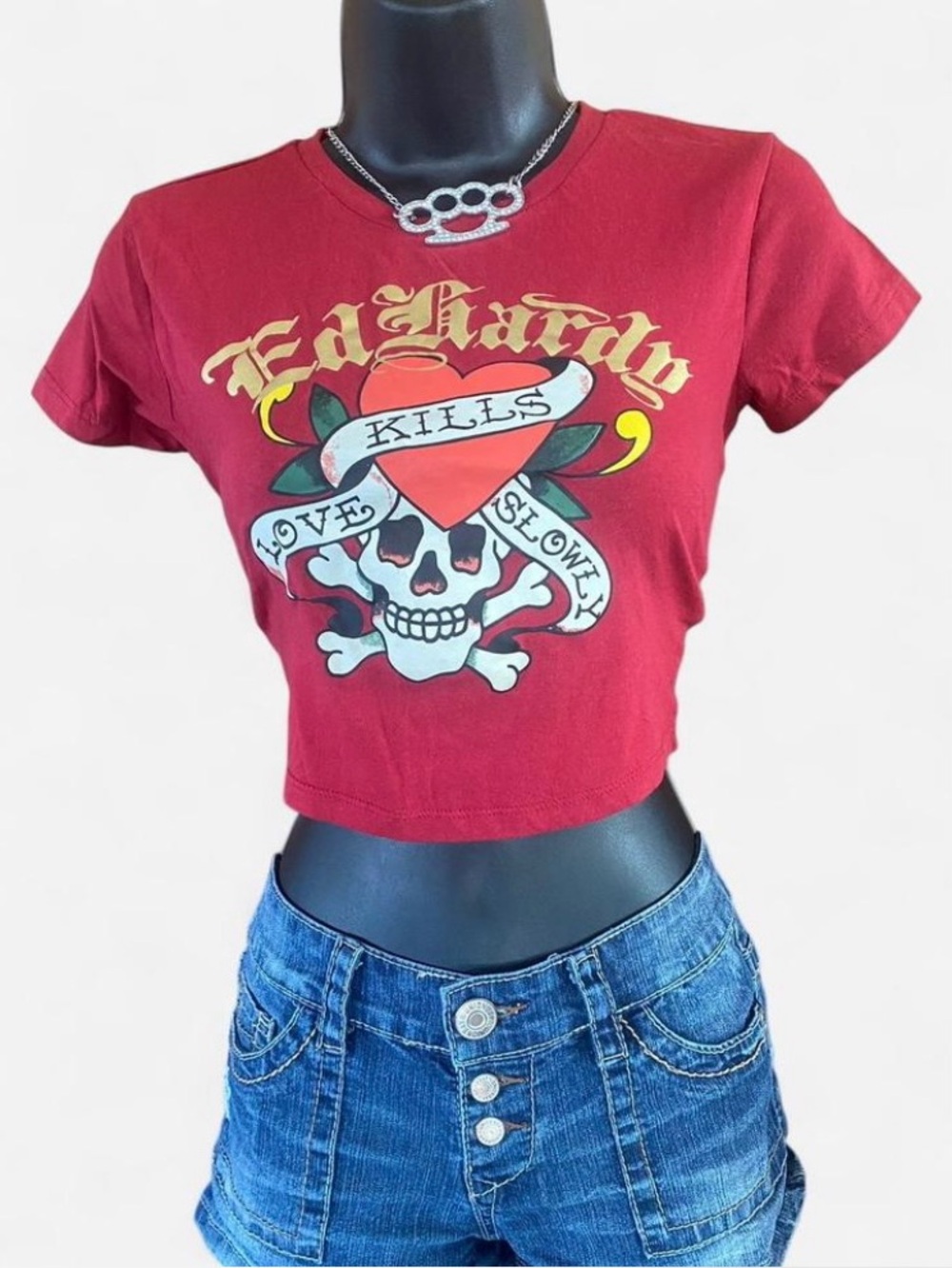 Ed Hardy Red & Gold ‘Love Kills Slowly’ Fitted Cropped Tee